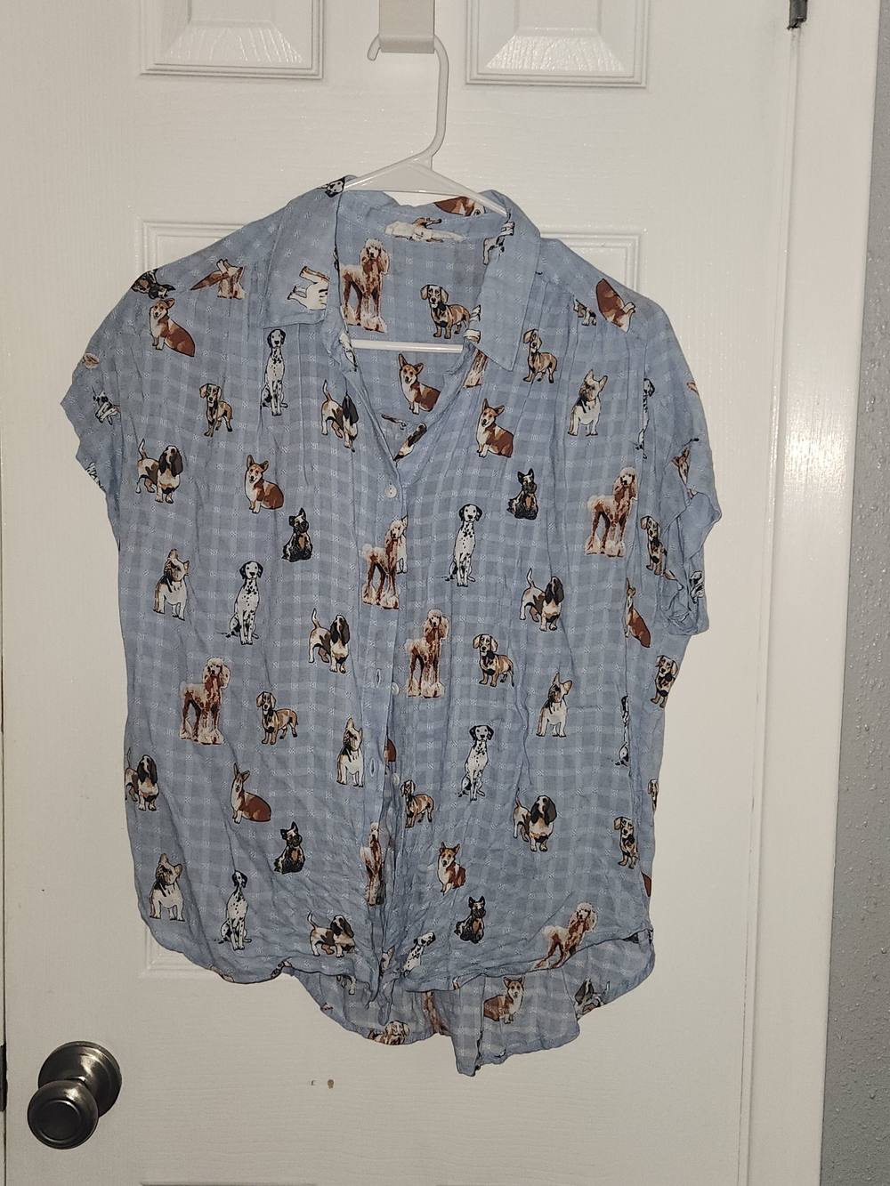 Jane and Delancey Light Blue Dog-Print Button Front Blouse